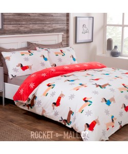 Teddy Fleece Reversible Double Bedding Set WINTER SAUSAGE DOG 200x200