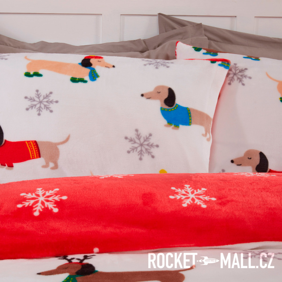 Teddy Fleece Reversible Double Bedding Set WINTER SAUSAGE DOG 200x200