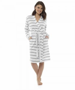 Womens Soft Stripe Print Dressing Gown GREY