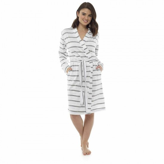 Womens Soft Stripe Print Dressing Gown GREY
